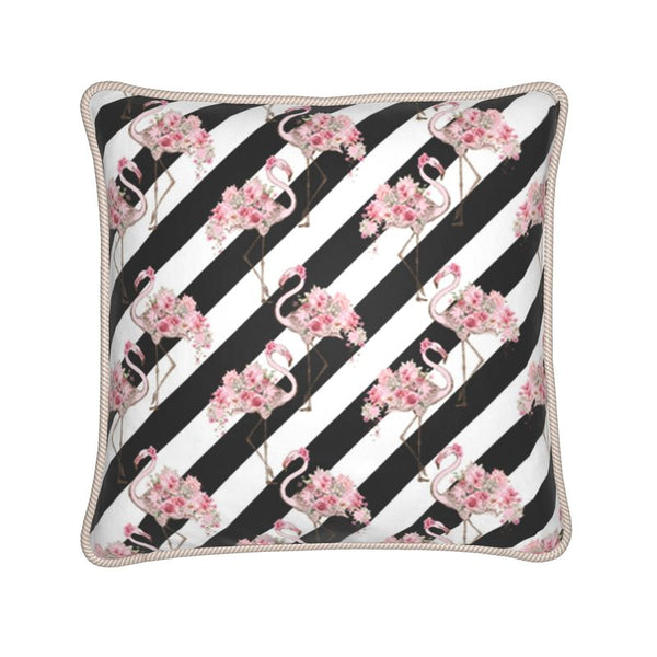 Floral Flamingo Black Stripe Silk Cushion