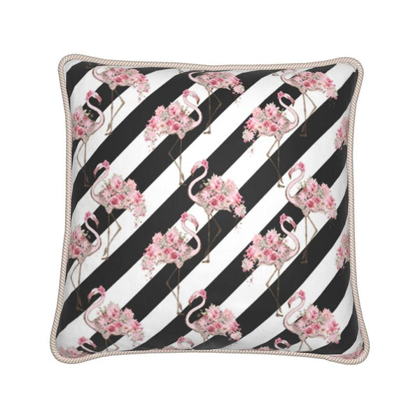 Floral Flamingo Black Stripe Silk Cushion