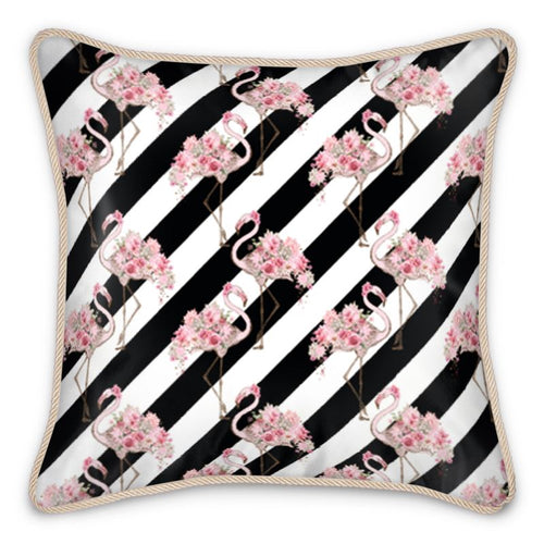 Floral Flamingo Black Stripe Silk Cushion
